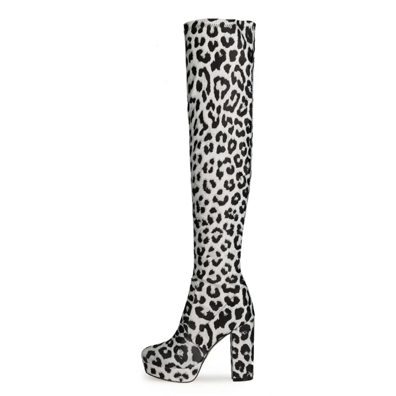 

Spring Leopard Stretch Boots Women Fashion High Platform Special Super Elastic Milk Silk Shoes Thick Square Heel Knee High Boots