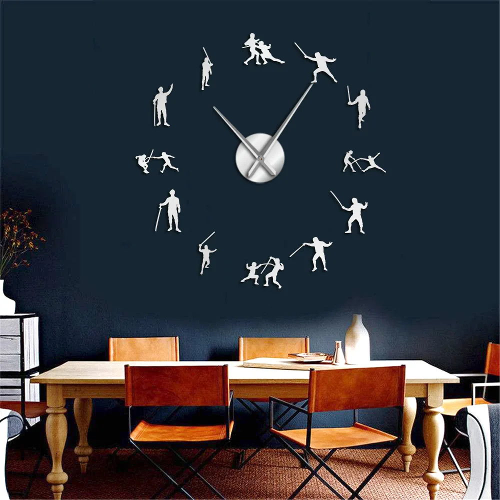 Fencing Modern Design Giant Wall Clock Fencer Swordman Acrylic Mirror Stickers Boys Room Silent Non Ticking Frameless Big Clock