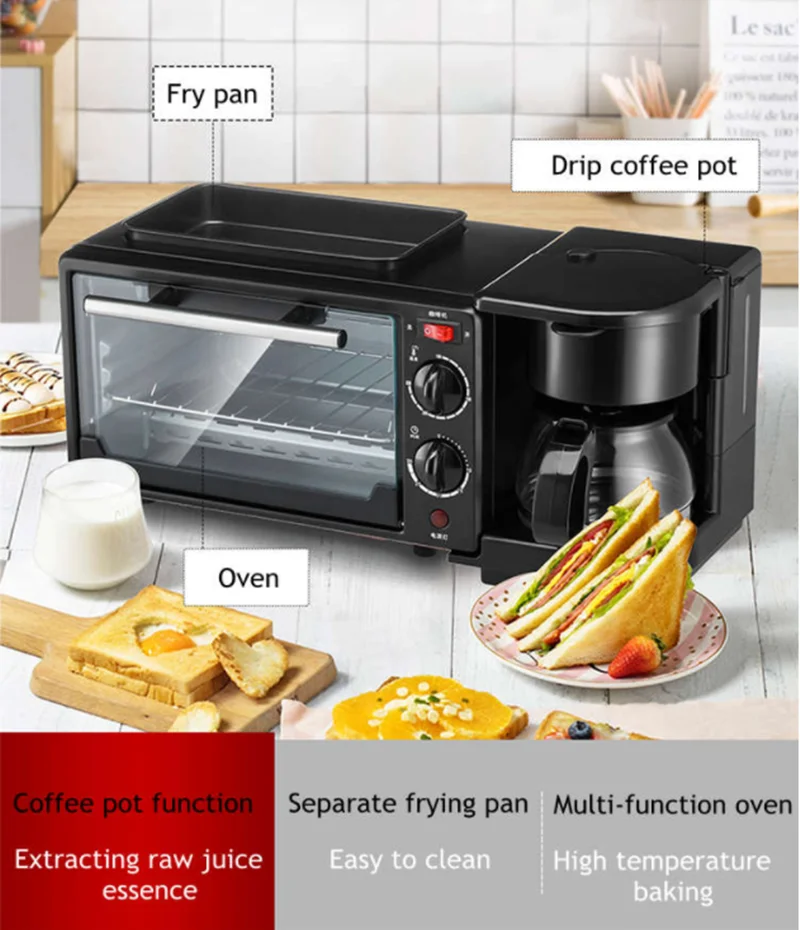 3 In 1 Electric Breakfast Machine Sandwich Maker Multifunction Coffee Maker Mini Oven Household Bread Pizza Frying Pan