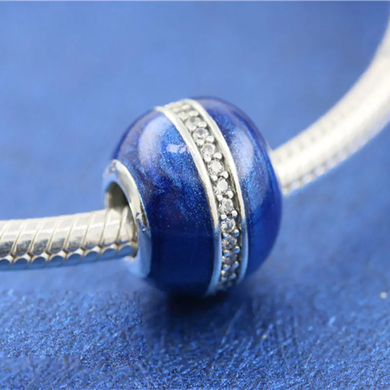 925 Sterling Silver Midnight Blue Orbit with Clear Cz Charm Bead Fits All European Pandora Jewelry Bracelets Necklaces