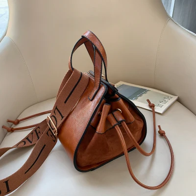 vintage casual buckets bag for women designer letter shoulder bags luxury pu leather drawstring crossbody bag lady small purses