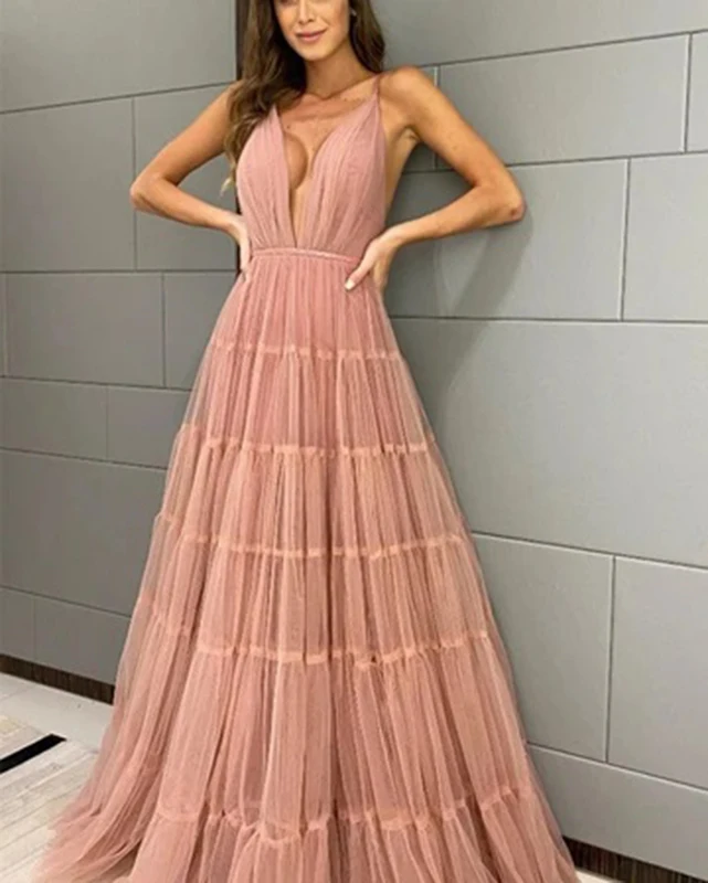 

Sexy Long Tulle A Line Prom Dresses 2022 Spaghetti Straps Deep V Neck Sleeveless Formal Evening Party Dress Vestidos De Gala