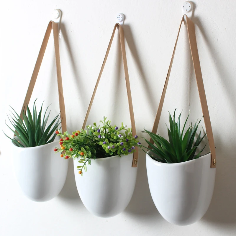 

Set of 3 Ceramic Hanging Planters for Succulent Air Plants Flower Pots with Leather Strap Wall Flowerpots Home Garden Decoration