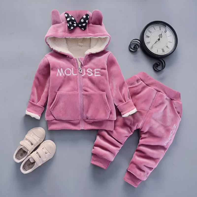 2023 New Winter Mouse Letter Thick Keep Warm Girls Clothing Set velluto peluche fodera giacca con cappuccio + pantaloni 2 pezzi Outfit