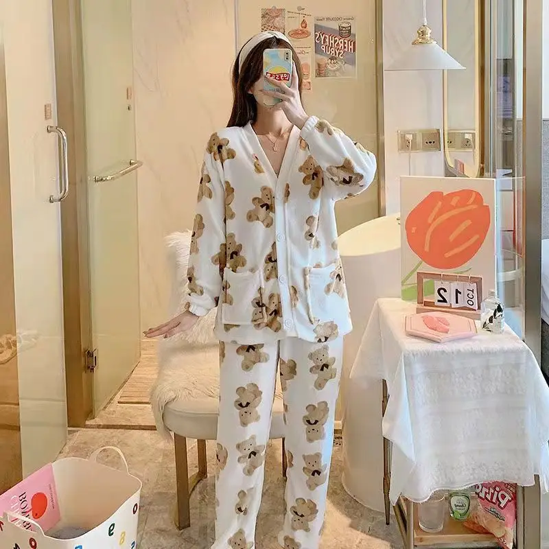 Coral Fleece Women Pajamas Set Korean Style Bear Pattern Homewear V Neck Sexy Cartoon Pijama Girls Kawaii Nightsuit Mujer New