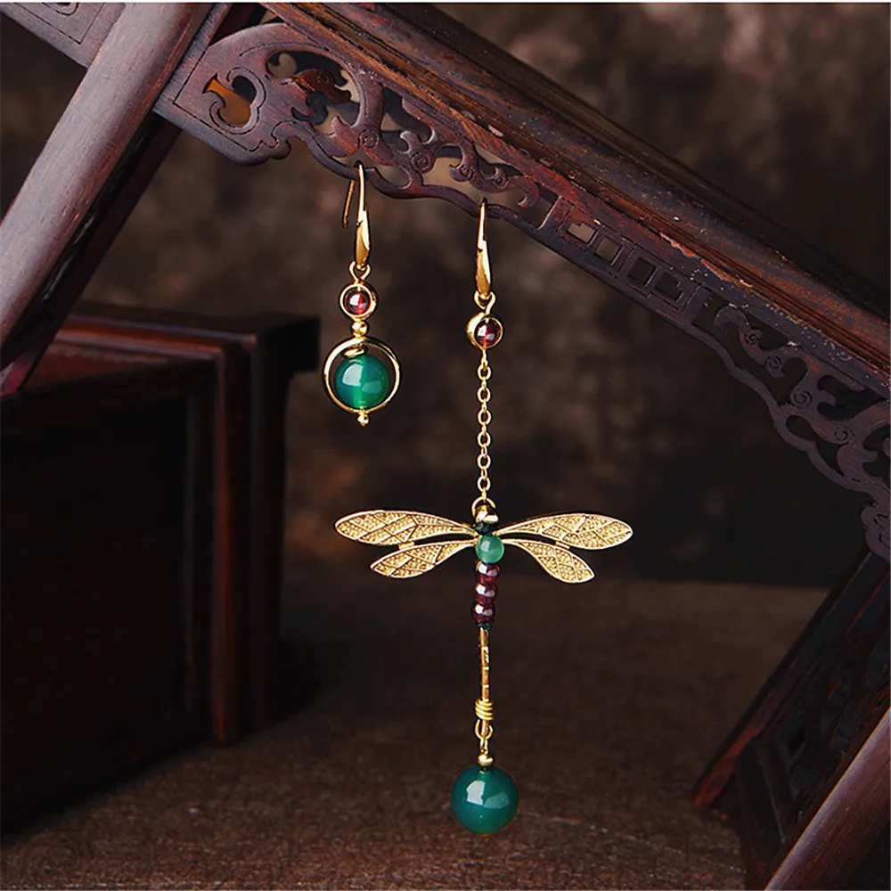 

Vintage Handmade 14K Gold Planted Dragonfly Pendant Dangle Earrings Garnet Green Agate Beads Drops Hanging Earrings for Women