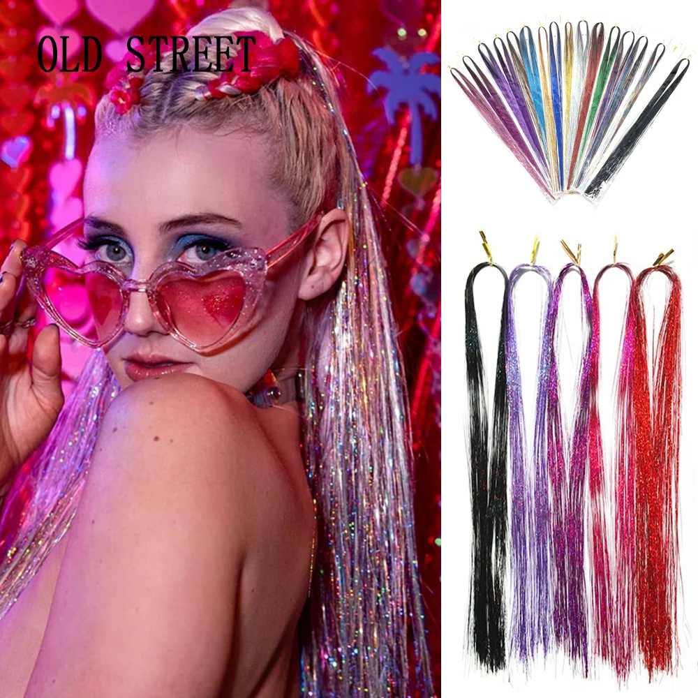 Extensões de cabelo sintético para mulheres, fibra de alta temperatura, bling, ouropel, fios de glitter, tranças, acessórios