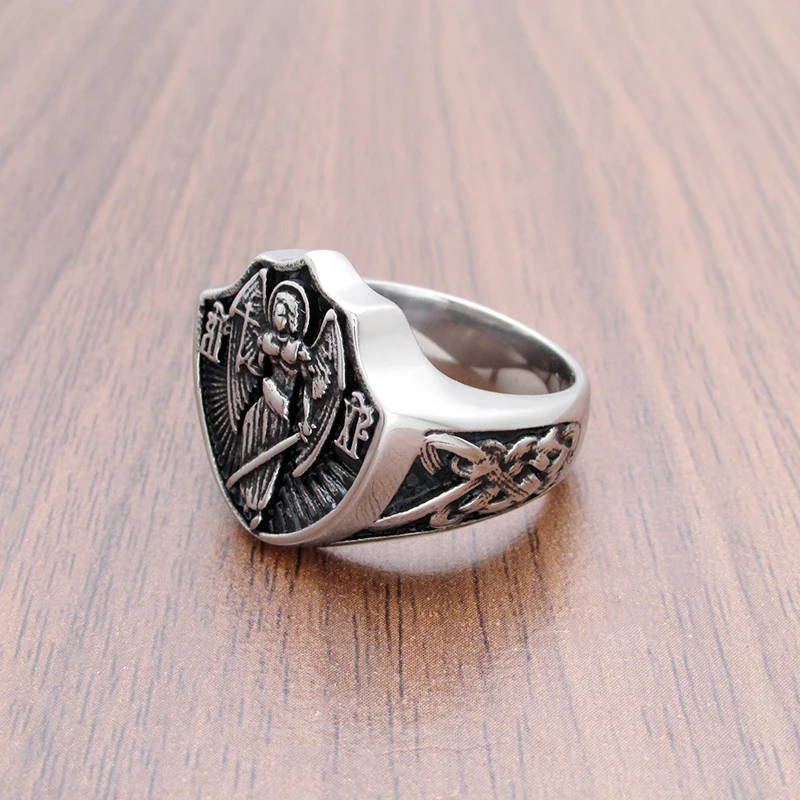 Punk 316L Stainless Steel St-Michael Men\'s Rings Good Lucky Talisman Religious Personality Celtics Knot Ring For Jewelry Gift