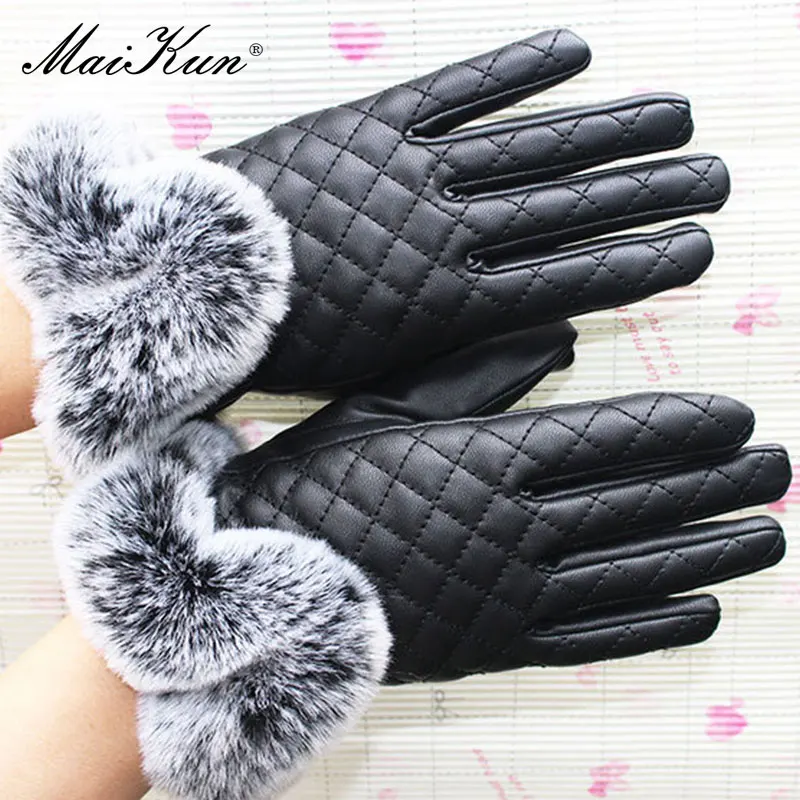 Maikun Leather Gloves PU Autumn/Winter New Style Ladies Oversized Rex Rabbit Fur Gloves British Diamond Lattice Thickening