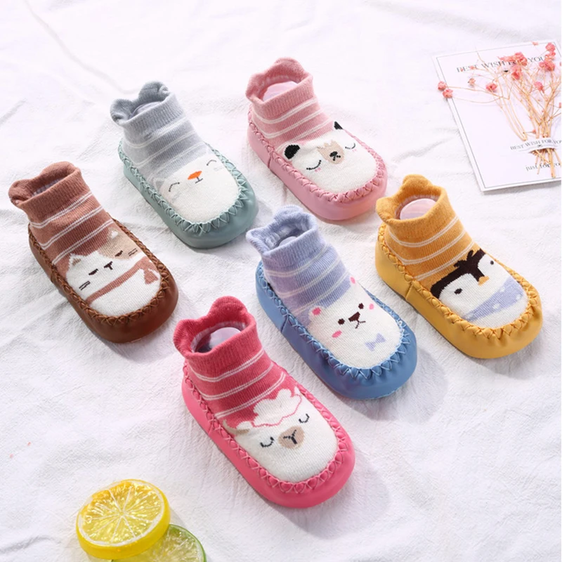 Toddler Indoor Socks Newborn Baby Soft Prewalker Shoes Thick Winter Terry Cotton Girl Kids Rubber Sole Infant Boy Cartoon Sock