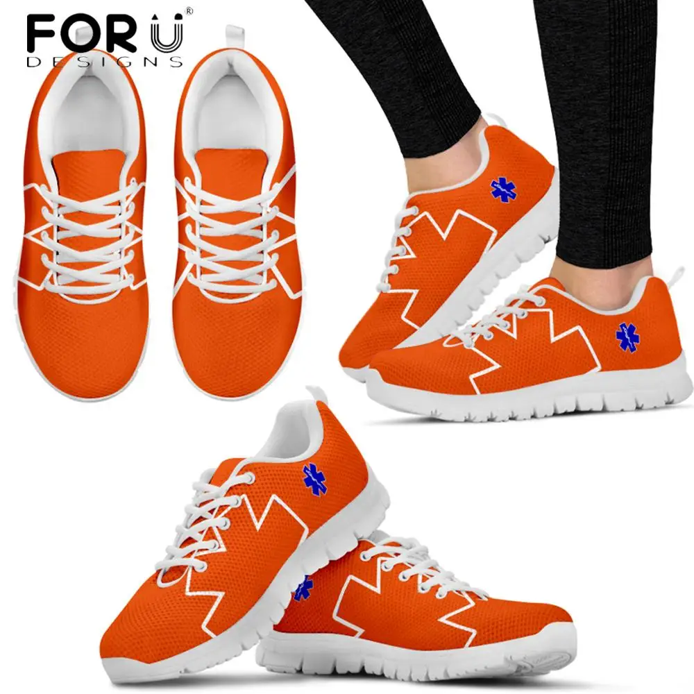 FORUDESIGNS Nursing Shoes for Women Flats Cute Paramedic EMT EMS Pattern Orange Nurse Shoes Casual Spring/Autumn Ladies Sneakers