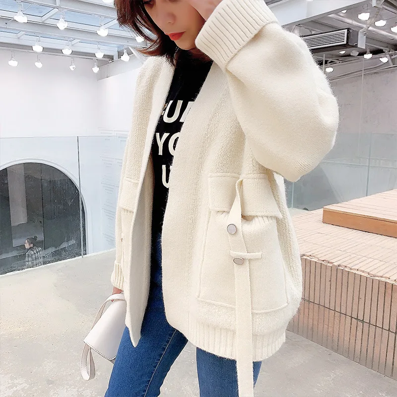 Cardigan Women Autumn Winter Knitted Sweater Jacket Fashion Big pocket V-Neck Cardigans Coat Lady Thick Warm Sweaters 2020 New