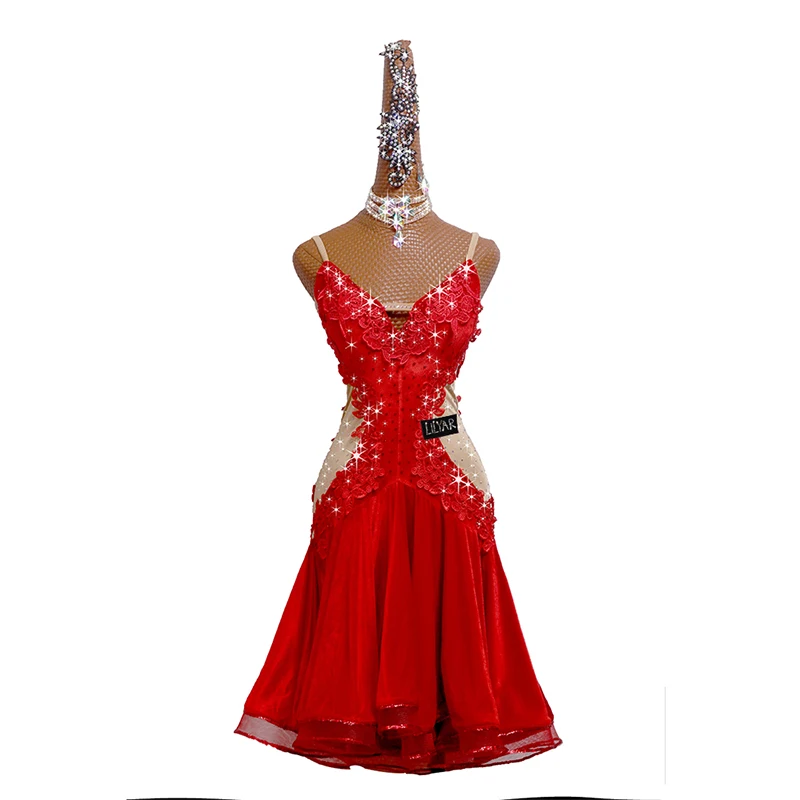 New Latin Dance Competition Performance  Adult Red Backless Red Embroidered Dance Dress