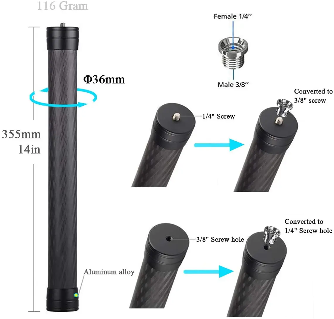 Tyczka przedłużająca pręt z włókna węglowego Monopod Stick lekki 1/4 ''3/8'' gwint do DJI Ronin S/SC, OSMO Mobile 3, ZHIYUN Crane 2