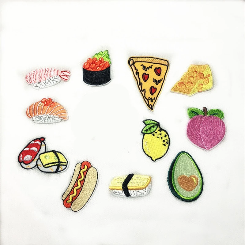 PGY Poached Egg Sushi Hot dog Pizza Fruit Avocado Embroidery Honey peach Patches for Clothing Iron  Kids Clothes Appliques Badge