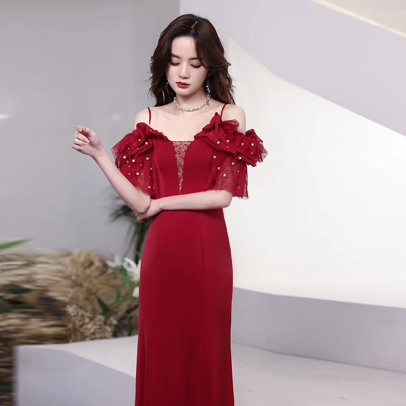 Spaghetti Strap Burgundy Sexy Female Cheongsam Sparkly Stylish Evening Party Dress Gown Exquisite Beaded Mesh Sleeve Vestidos