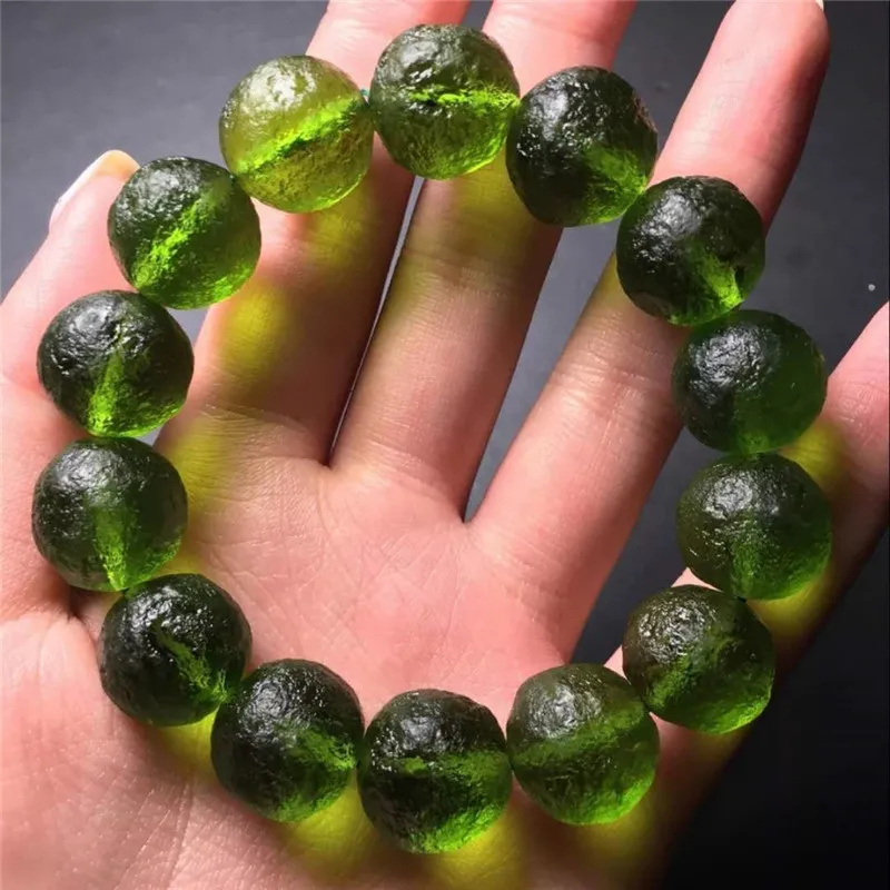 9-10mm Green Moldavite Czech Meteorite Bracelet Impact Glass Rough Stone Hand Catenary Crystal Energy Stone Bracelets for Women