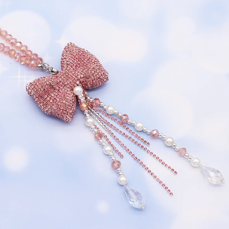 Creative Diamond Bowknot Car Pendant Cute Crystal Tassels Chain Rearview Mirror Ornament Pearl Rhinestone Car Accessories Women