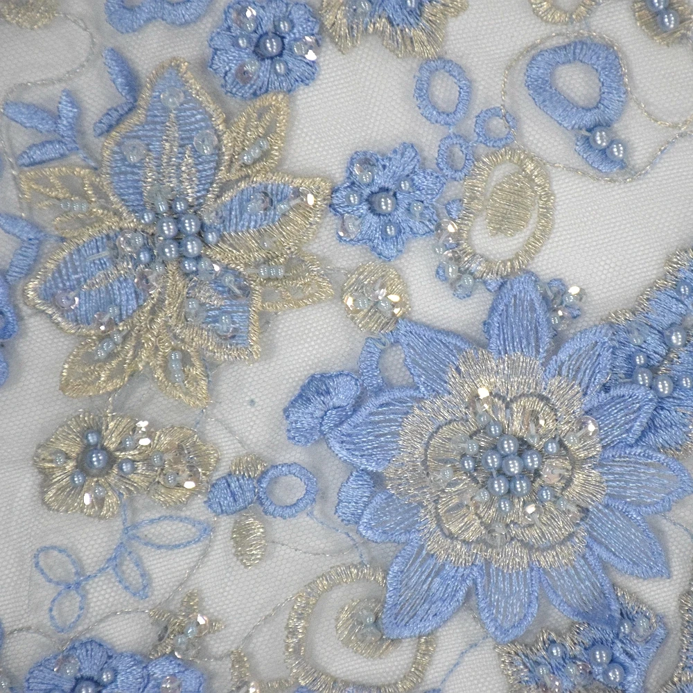 Sky Blue French Lace HandWork Beaded Net 3D Embroidery Fabrics With Sequins  HY0771