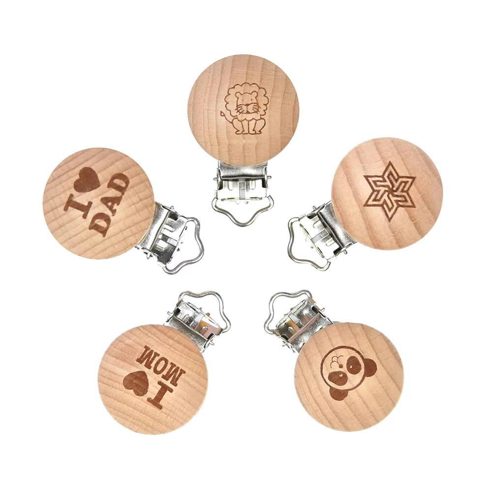 Mabochewing 10pcs 30mm 35mm Laser Patern Metal Steel Round Beech Wood Clips Baby Teethers Toys Pacifier Chain Holder Making