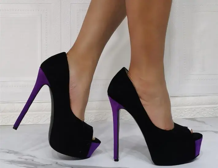 

Dipsloot Woman Sexy Black Purple Suede Patchwork Peep Toe Pumps Lady's Fashion Night Club Super Thin Heels Party Dress Shoes