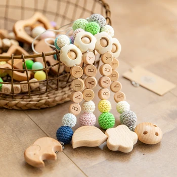 아기 젖꼭지 체인 꽃 젖꼭지 클립, 크로셰 비즈, 나무 젖꼭지 거치대, 맞춤형 알파벳 비즈, 아기 젖니 체인, 1 개