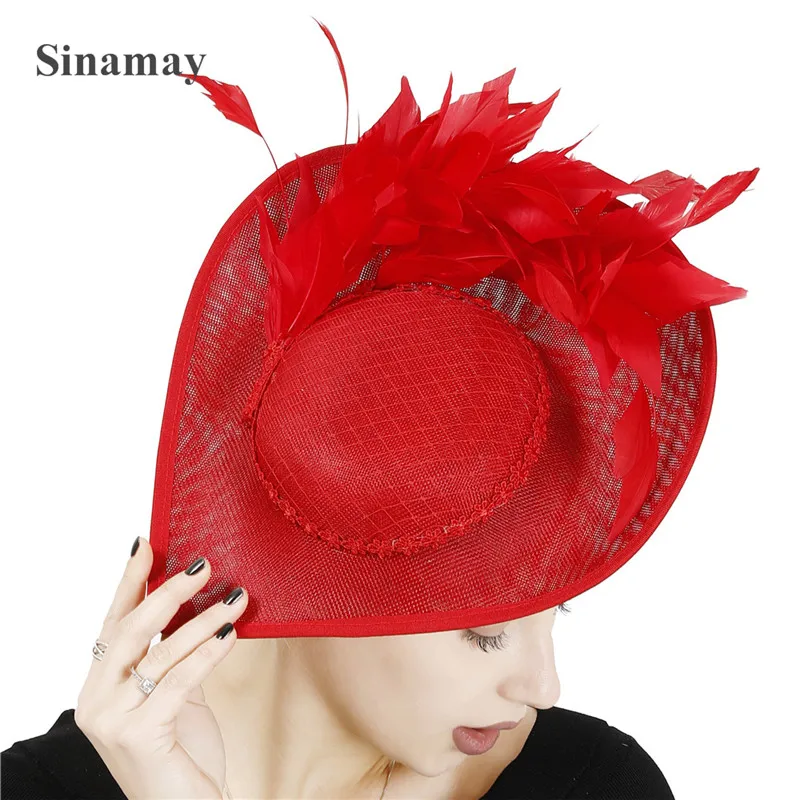 Red Big Derby Feather Fascinator Hat Women Elegant Charming Headpiece Headband Formal Dress Ladies Chuch Occasion Millinery Cap