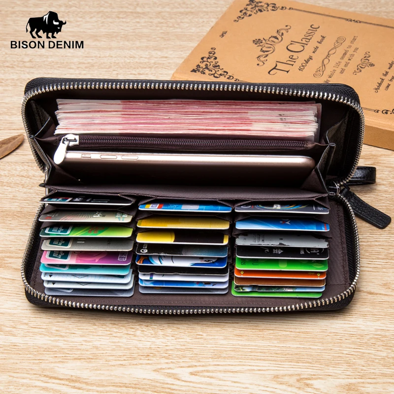 BISON DENIM Genuine leather Wallet Men Zipper Coin Pocket Long Purse Male Passport Multi-card Slots Wallet large capacity