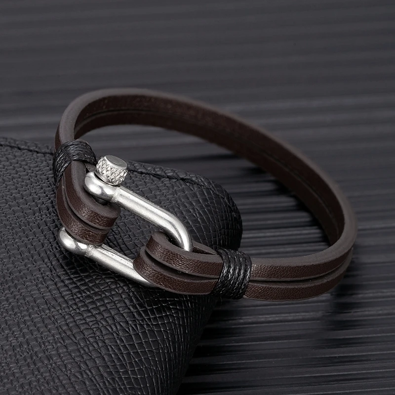 MKENDN Double Strand Genuine Blue Leather Bracelet Stainless Steel U Shape Buckle Bracelet Men Homme Pulseras Nautical Style