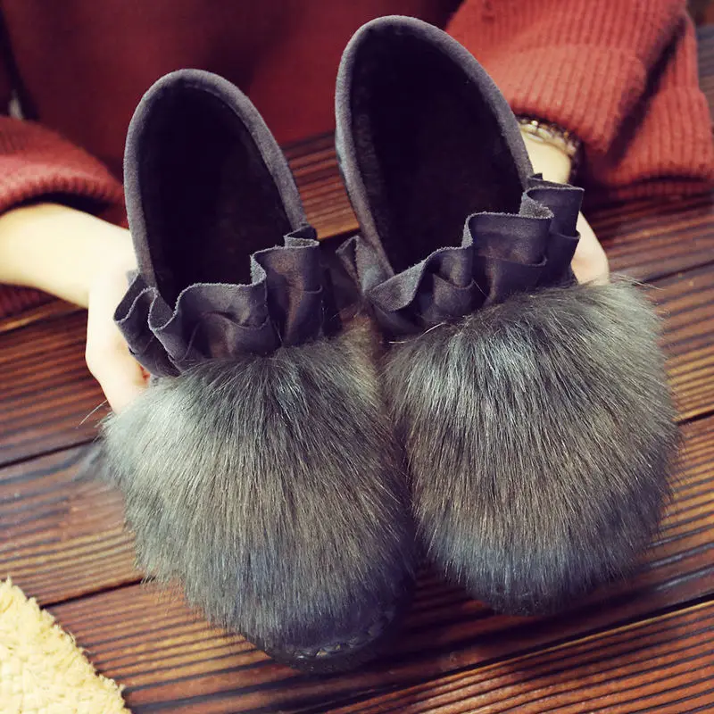 Ruffles Women Ankle Boots 2024 New Winter Warm Snow Boots Fashion Round Toe Fluffy Fur Flat Platform Casual Boots Cotton Shoes