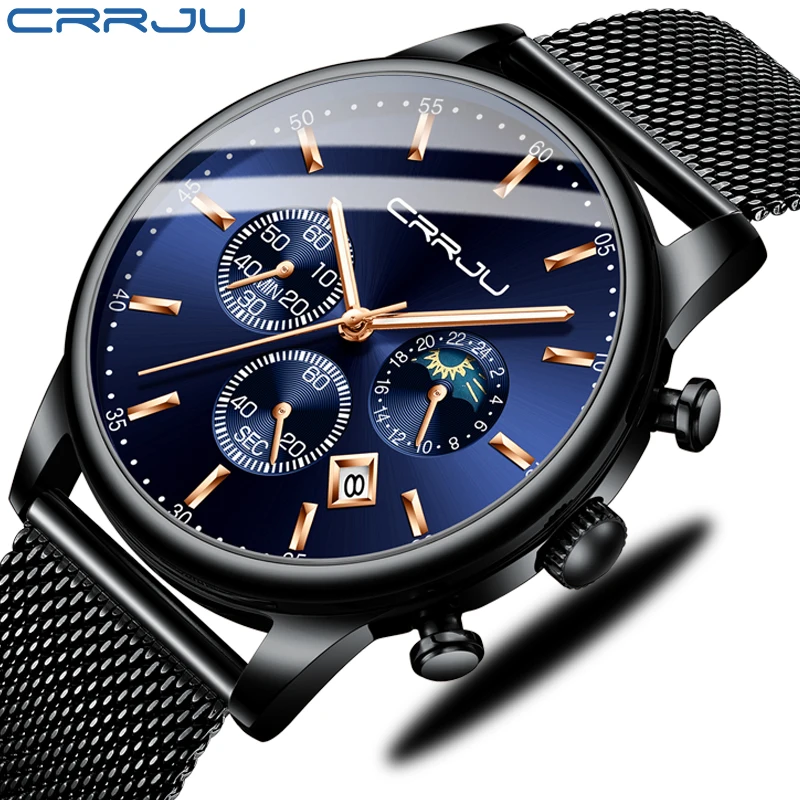 CRRJU Fashion Simple Design Waterproof Stainless Steel Mesh Small Dial Men Watches Top Brand luxury Quartz relogio masculino