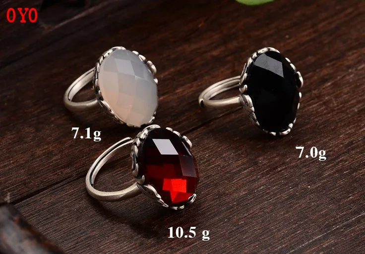 

S925 sterling silver ring open female model inlaid chalcedony black agate red pomegranate vintage ring