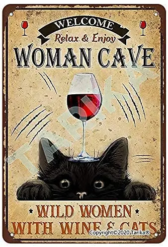 BIGYAK Welcome Relax and Enjoy Woman Cave Wild Women with Wine and Cats 20X30 cm Vintage Look Metal Decoration Plaque Sign