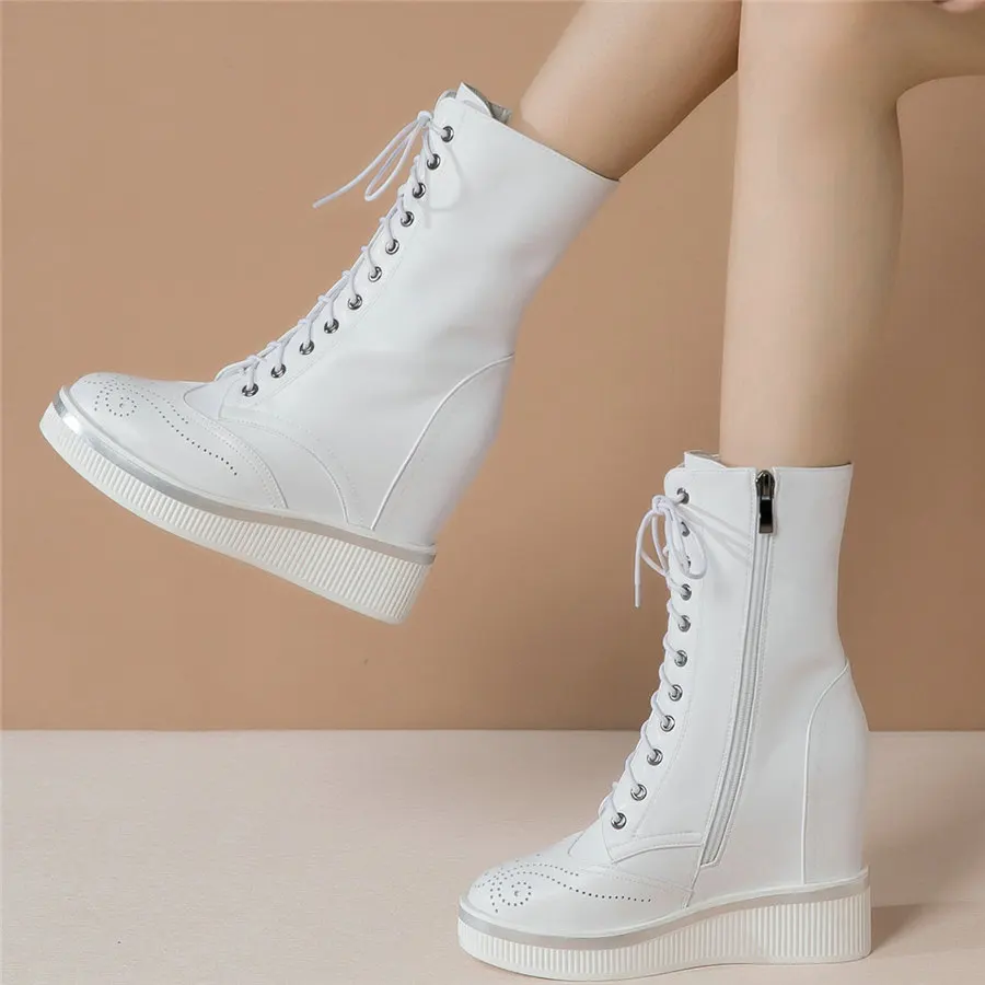 

Winter Platform Pumps Shoes Women Lace Up Cow Leather Wedges High Heel Snow Boots Female Round Toe Fashion Sneakers Casual Shoes