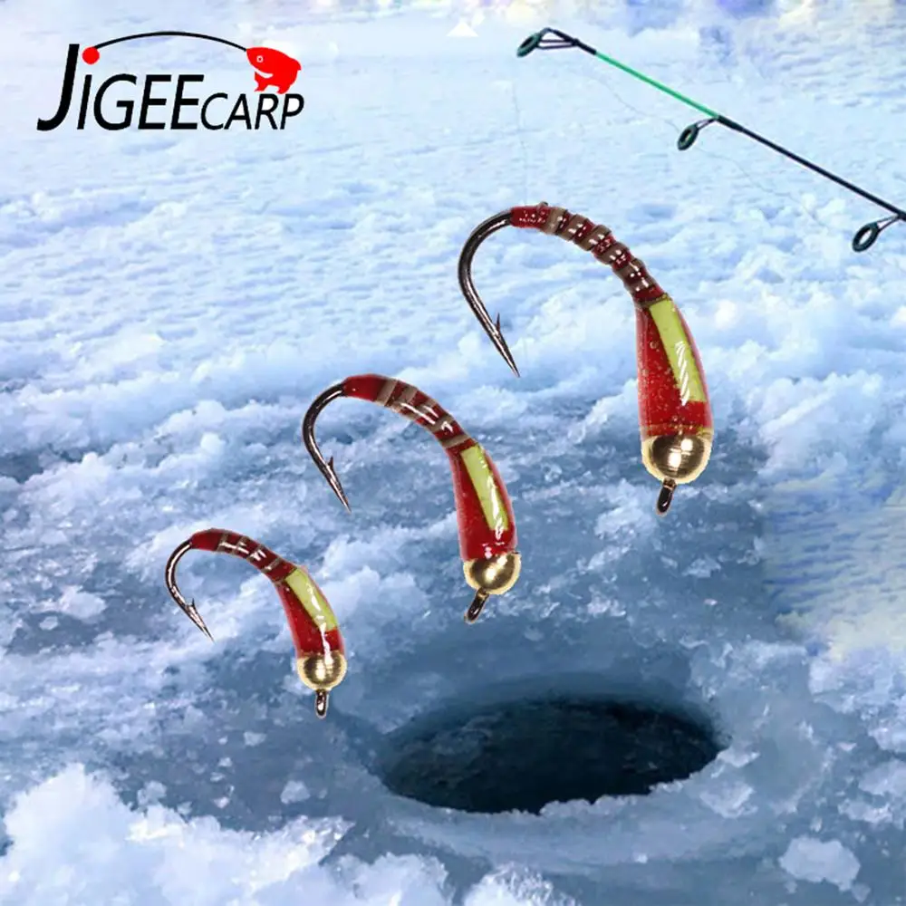 Jigeecarp 6pcs Brass Bead Head Buzzer Ice Fishing Fly Lure Jig Nymph Larvea Trout Nymph Fast Sinking Artificial Bait