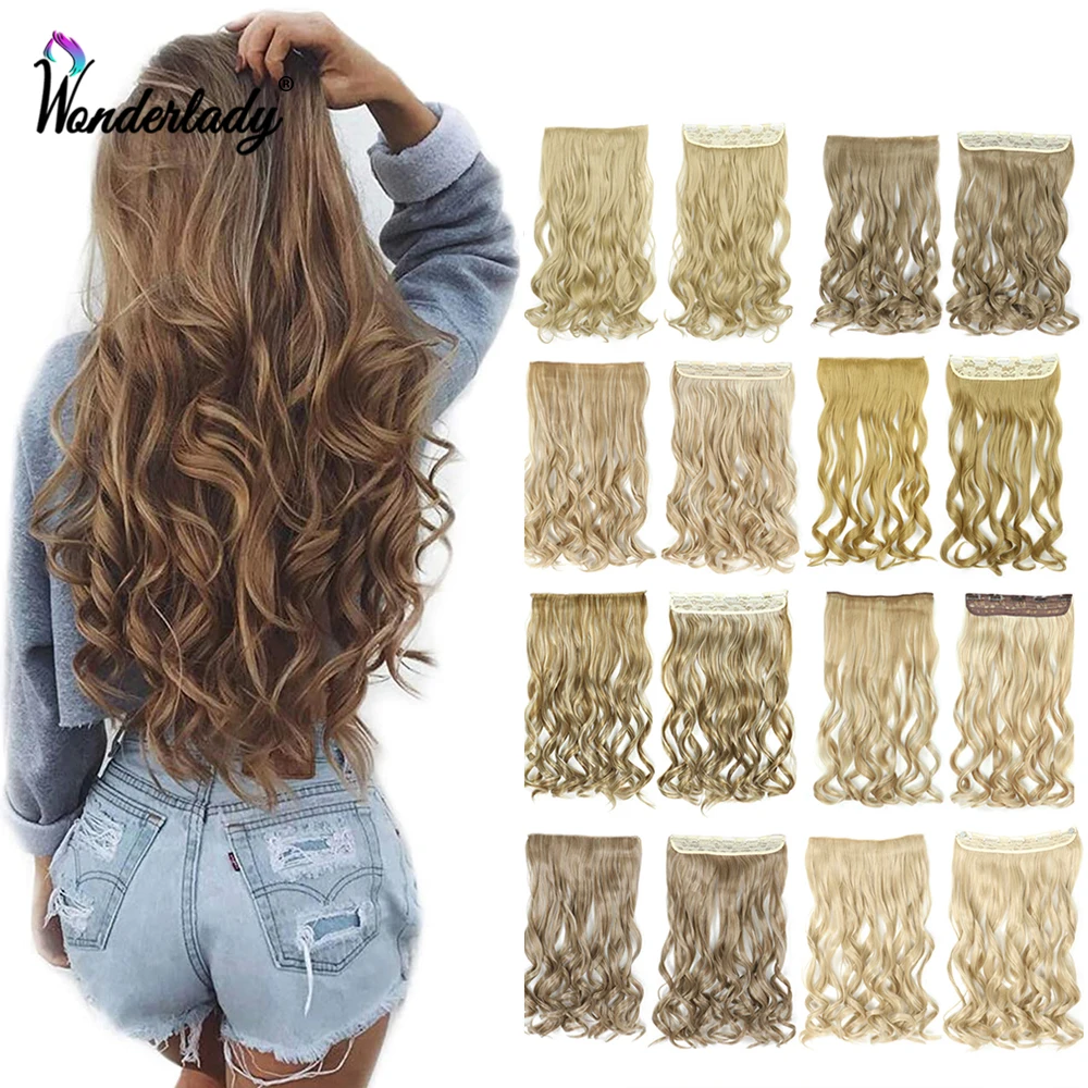 

WonderLady 22 Inch Long Wavy 5 Clips in One Piece Hair Extensions Synthetic Hair Hairpiece For Women Grey Brown Blonde Fake Hair