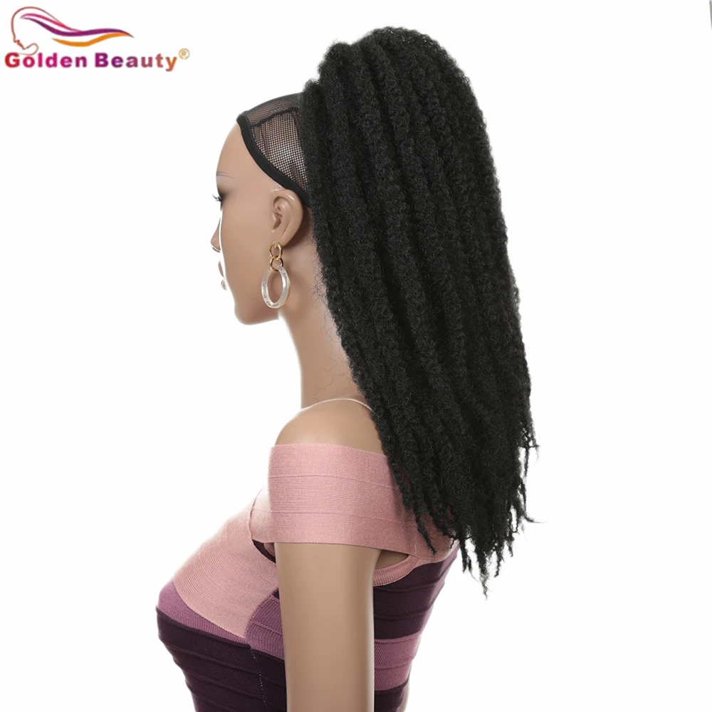 Goldene Schönheit Synthetische Hohe Temperatur Faser Haar Verworrene Lockige Weiche 18 Zoll Afro Twist Geflecht Kordelzug Pferdeschwanz Schwarz Clip-in