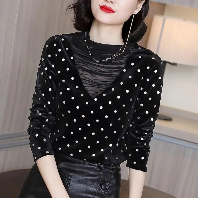 Blouse Women Polka Dot Printed Shirts for Women 2024 Autumn Collar Patchwork Top Blusas Ropa De Mujer