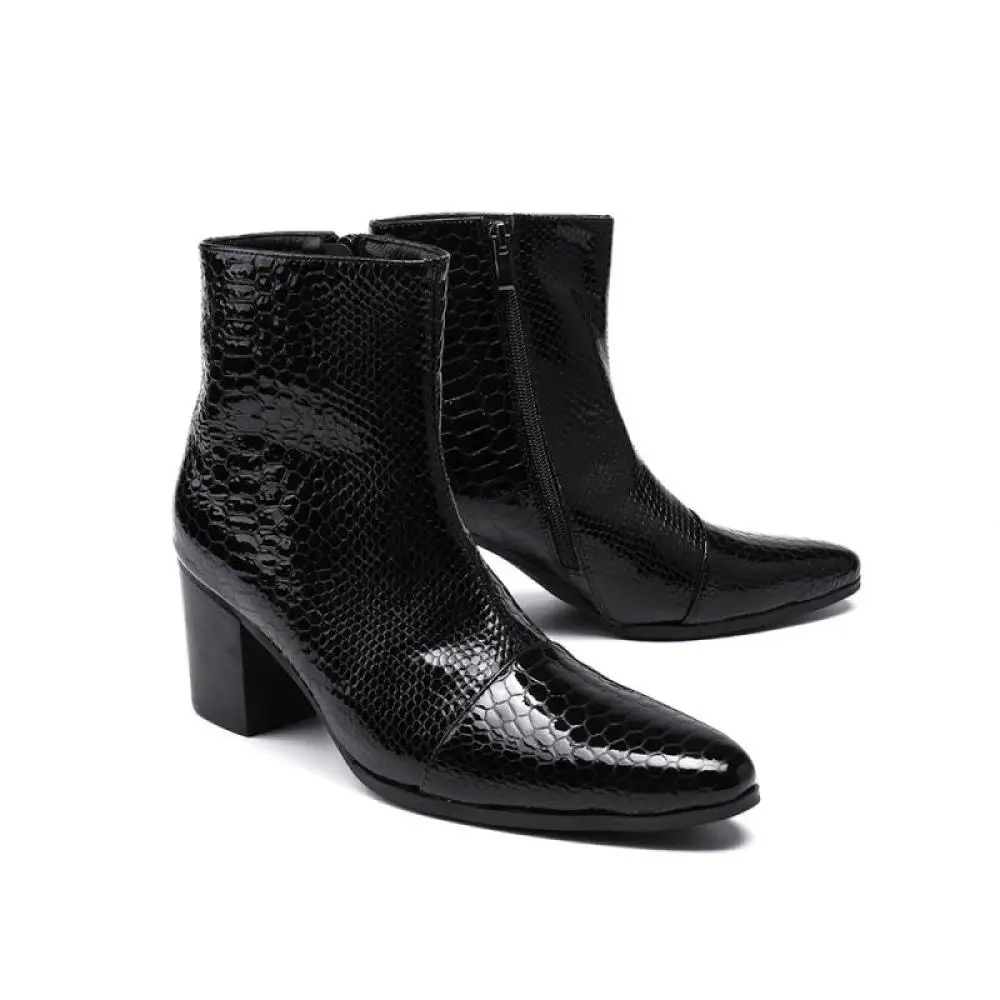 

Men Ankle Boots Heeled Elevator Shoes Inner Zipper Patent Genuine Leather