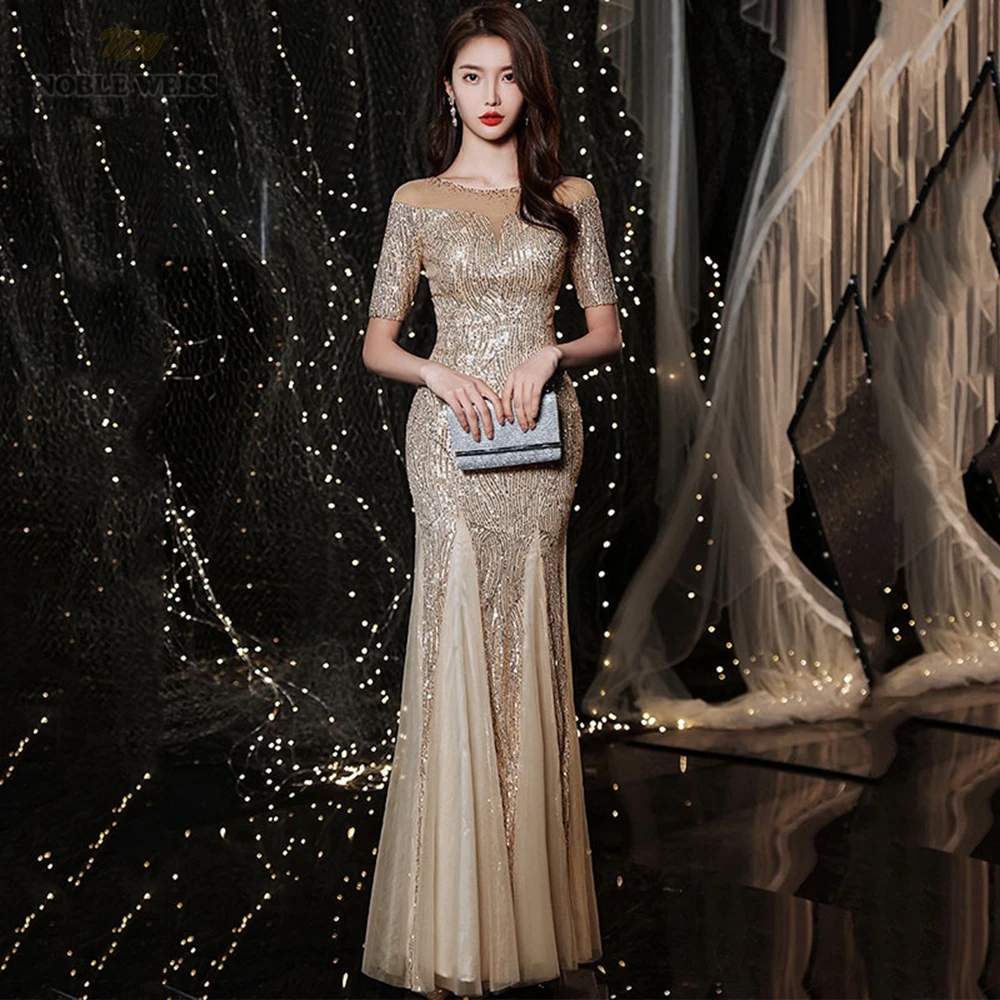 Evening Dresses Long  O-Neck  Floor-Length  Prom Dresses  Sequined  Dresses Woman Party Night Mermaid Prom Dress Customized