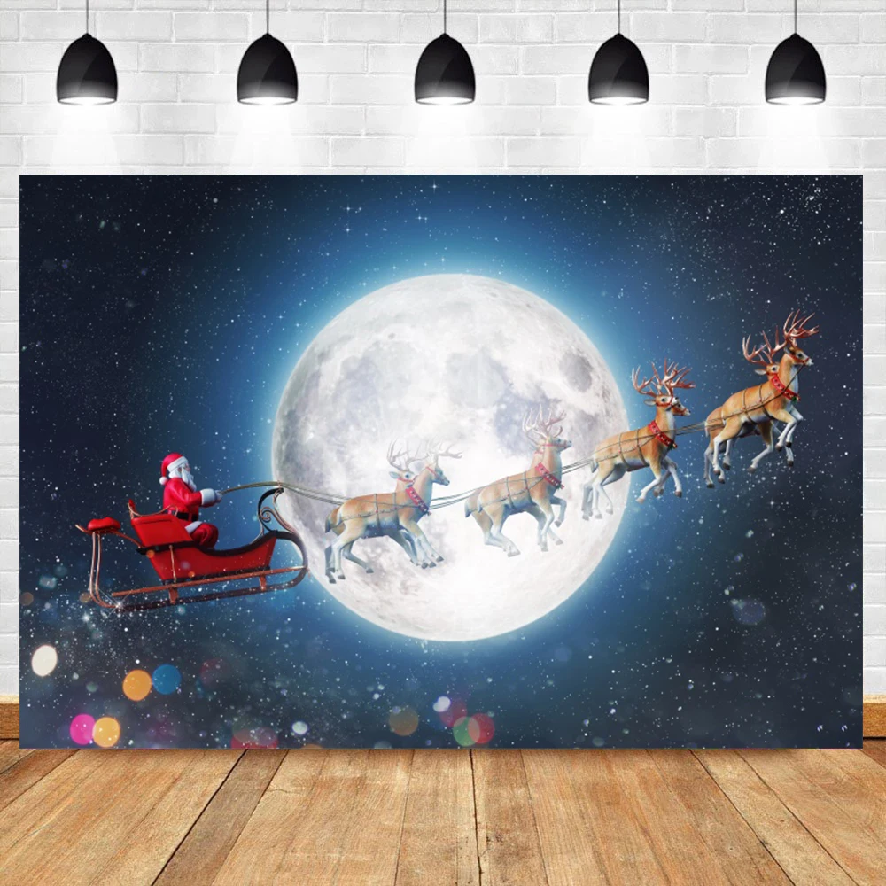 Winter Christmas Party Backgrounds For Photo Elk Sleigh Santa Moon Polka Dot Portrait Photographic Backdrop For Photo Studio