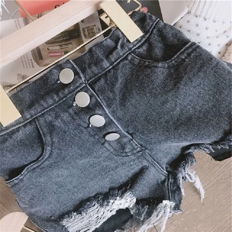 Fashion Baby Girl Casual Jean Shorts Ripped Holes Toddler Teen Child Cotton Scanties Trousers Button Summer Baby Clothes 1-14Y