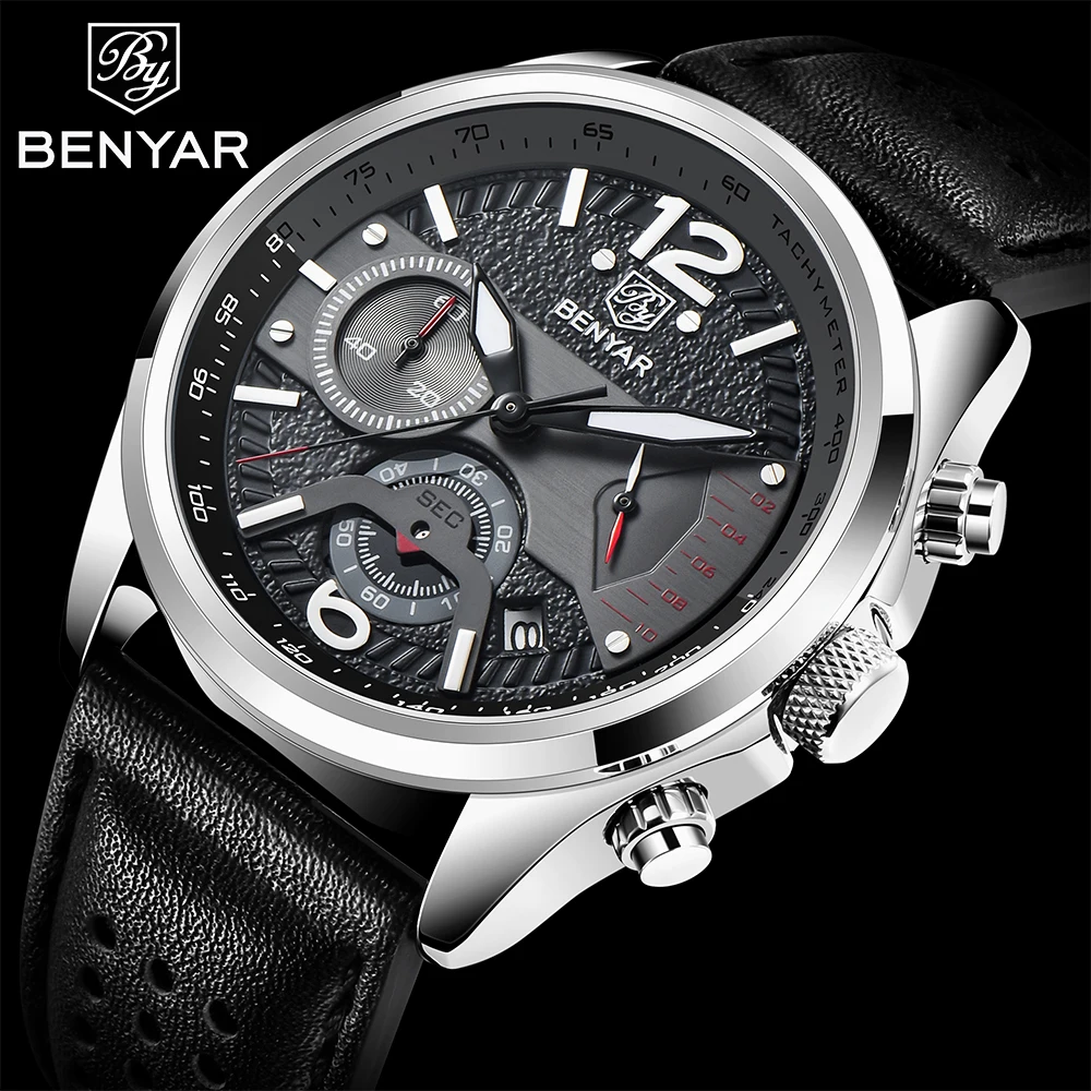 BENYAR Leisure Sports Watch for Men Luxury Quartz Wristwatches 30M Waterproof Leather Men Military Watches Relogio Masculino