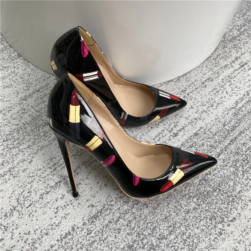 Heelgoo Lipsticker Print Women Glossy Pointy Toe High Heel Black Party ShoesSlip On Slip On Stilettos Pumps Big Size 33-45