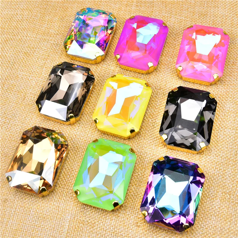 High-Quality Diamond Big Size 38*50Mm Rectangle Glass Stone Gold Base Sew On Crystal Rhinestones Apparel Accessories Diy Wedding