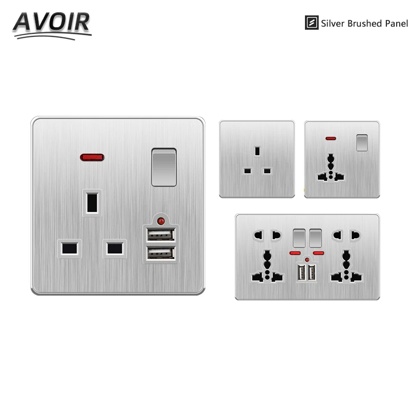 Avoir Usb Wall Socket UK Double Plug Sockets Aluminum Brushed Panel Electrical Outlets Standard Tee Multiple Hole Socket AC 220V