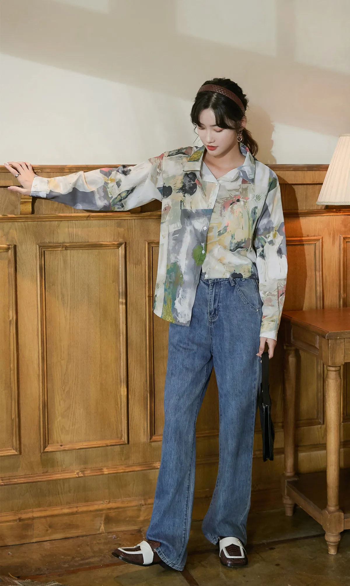 CHEERART Vintage Painting Women Top And Blousue Long Sleeve Button Up Aesthetic Shirt Loose Print Designer Top Autumn Clothes