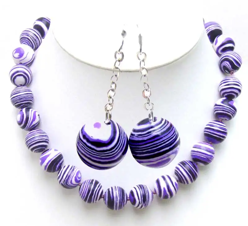 

Qingmos Round 14mm Purple Stripes Agates Necklace for Women 18" Chokers with Dangle Round Earring for Women Set Fine Jewelry