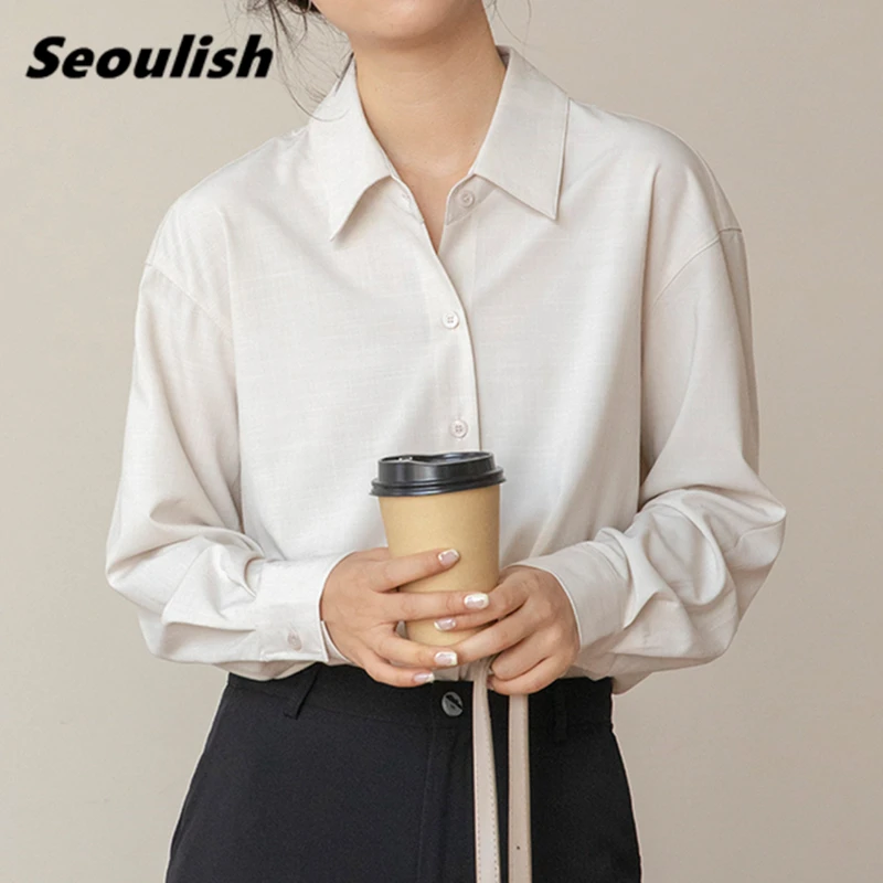 

Seoulish Spring Autumn Elegant Solid Women's Blouse 2021 New Long Sleeve Single Breasted Turn-down Collar Office Shirts Female
