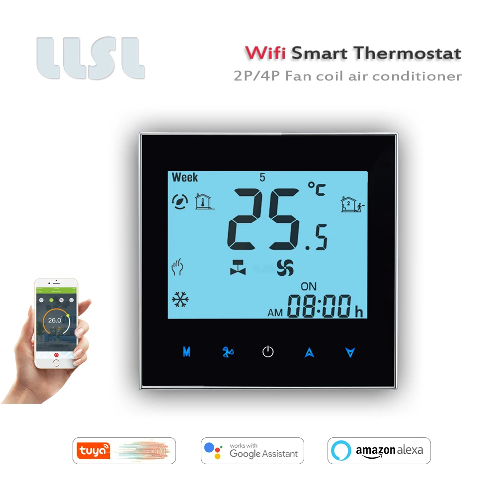Termostato da bobina do fã do termostato 2p 4p de 24vac 95-240vac tuya wifi, trabalha com alexa casa do google